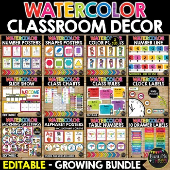 Preview of Rainbow Watercolor Classroom Decor BUNDLE | Management | Organization