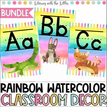 Preview of Rainbow Watercolor Classroom Decor Bundle | Rules, Alphabet, & Number Posters