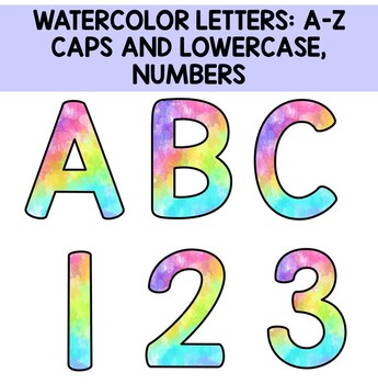 Preview of Rainbow Watercolor Letters: capital, lowercase, symbols, and numbers