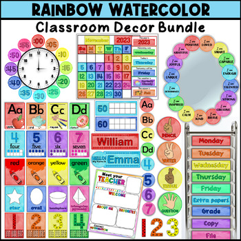 Preview of Rainbow Watercolor Theme Classroom Decor Bundle | EDITABLE Colorful Decor