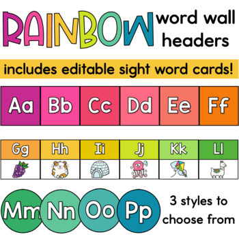 Preview of Rainbow Word Wall Letters or Headers with Editable Sight Words