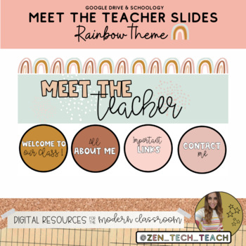 Preview of Rainbow theme ⋒ "Meet the teacher" Slides - ✎Editable (Schoology/Google)