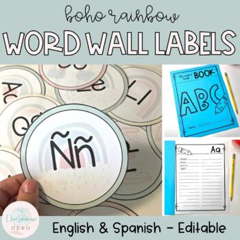 Preview of Rainbow word wall letters- English & Spanish Editable word wall template + BONUS