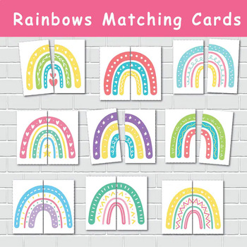 Preview of Rainbows Matching Game, Printable Symmetry Cards, Toddler Match Activity