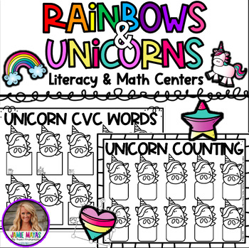 Preview of Literacy Centers & Math Games for Kindergarten - Rainbow & Unicorn