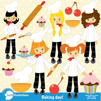 Preview of Clipart, Girl chefs in kitchen Clip art, Digital Images, Scrapbook, AMB-218
