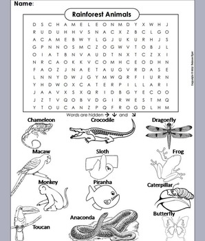 Rainforest Animals Activity: Word Search Worksheet by Science Spot