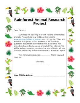 Preview of Rainforest Animal Research Project Letter Home