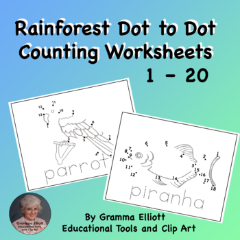 Preview of Rainforest Animals Dot to Dot Counting 1 - 20 Printable Pages for PreK, K, 1