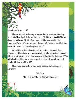 Preview of Rainforest Bake Sale Letter to School and Other Parents
