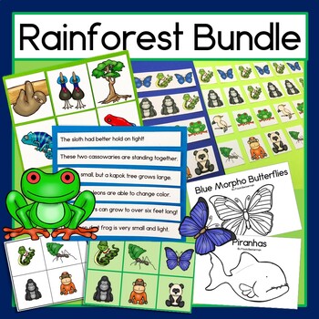 Preview of Rainforest Animals Patterns Bingo Math Science and Reading Comprehension Bundle