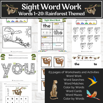 Preview of Rainforest Themed Sight Word Worksheets, Activities and Games: Fry Words 1-20