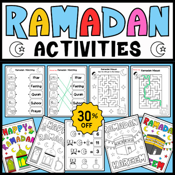 Preview of Ramadan Activities Bundle | Ramadan Coloring Pages | Matching, Counting and Math