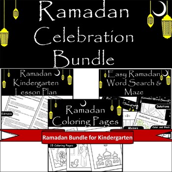 Preview of Ramadan Celebration Bundle for Kinder: Lesson Plan, Coloring, Word Search & Maze