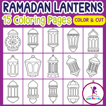 Preview of Ramadan Lantern Coloring Pages: Color, Cut & Paste, Fun activity with 15 designs