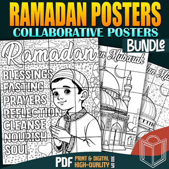 Preview of Ramadan Mubarak Bundle: Collaborative Poster Coloring Craft For Classroom