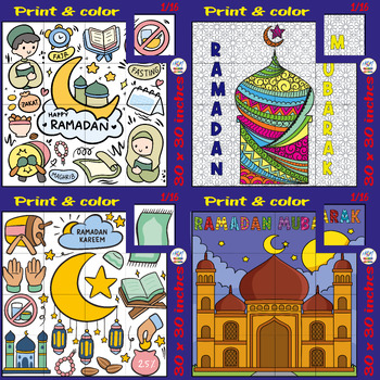 Preview of Ramadan Mubarak Mosque Collaborative Coloring Posters Bundle, Islamic Activities