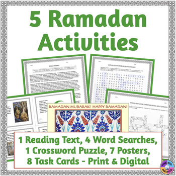 Preview of Ramadan Activities: Reading Passage, Posters, Word Search, Crossword, Task Cards