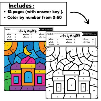 Ramadan color by number -Ramadan color by code - Ramadan coloring pages