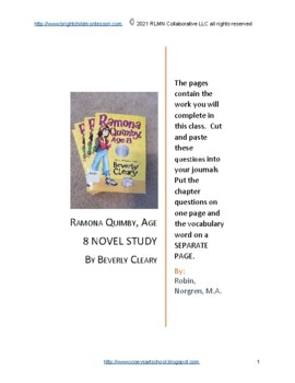 Preview of Ramona Quimby Age 8 Book Study 1st-4th Grade Comprehension Vocab Art