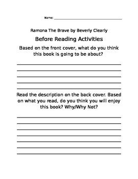 Preview of Ramona the Brave by Beverly Cleary Workbook
