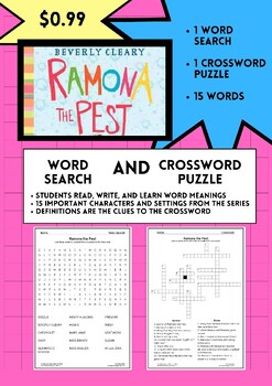Preview of Ramona the Pest Word Search and Crossword Puzzle Vocabulary Activity Pages