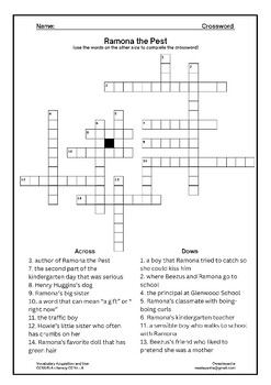 Ramona the Pest Word Search and Crossword Puzzle Vocabulary Activity Pages
