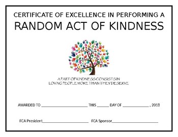 Preview of Random Act of Kindness Certificate of Excellence