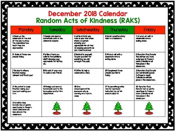 Random Acts of Kindness Calendar for December 2018 by Language Link