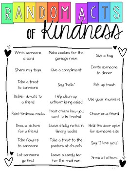 Random Acts of Kindness List by Be Kind Learning Resources | TPT