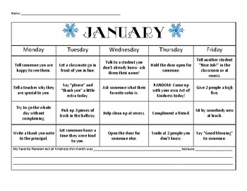 Random Acts of Kindness Student Calendar by Saving Your Prep Period