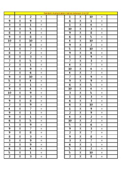 Preview of Random Multiplication tables 1 to 10
