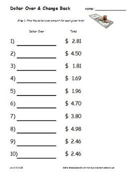 dollar over rounding up change back money worksheets random numbers