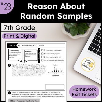 Preview of Random Samples Word Problem Worksheet L23 7th Grade iReady Math Exit Tickets