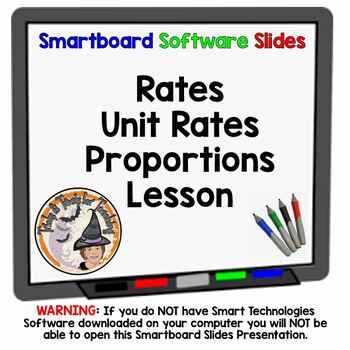 Preview of Rates Unit Rates Proportions Smartboard Slides Lesson with Answers