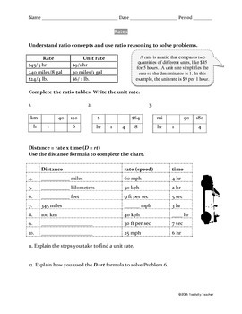Rates, Unit Rates and Rate Reasoning Worksheet Common Core 6.RP.2 and 6.RP.3b