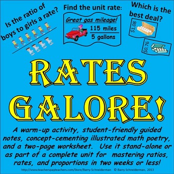 Preview of Rates and Unit Rates Worksheet, Notes, Poetry, and Warm-up Problems