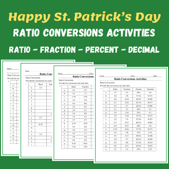 Preview of Ratio Conversions Activities Ratio Fraction Percent Decimal St Patrick's Day
