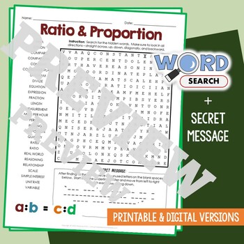 Preview of Ratio & Proportion Word Search Puzzle Math Activity Terms Worksheet