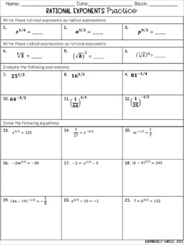 Rational Exponents Notes and Practice by Mrs Vargo Math Resources