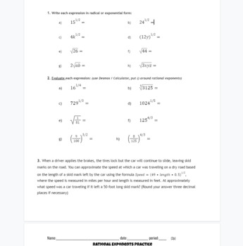 Preview of Rational Exponents / Radical form/ exponential form practice problems