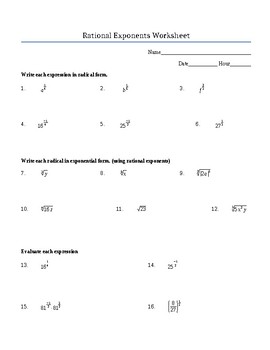 Rational Exponents Worksheet (Positive and Negative) Includes Roots