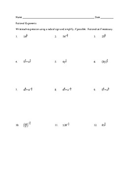 Rational Exponents Worksheet with Answer Key | TPT