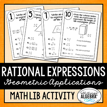 Preview of Rational Expressions Applications | Math Lib Activity