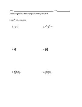Preview of Rational Expressions: Simplifying, Multiplying, and Dividing