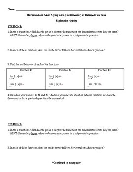 Preview of Rational Functions End Behavior Exploration Activity