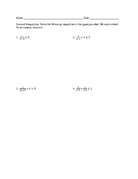 Preview of Rational Inequalities Quiz/Homework with Answer Key