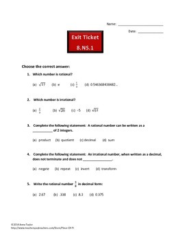 Preview of Rational Irrational Number Systems Exit Ticket Formative Assessment 8.NS.1
