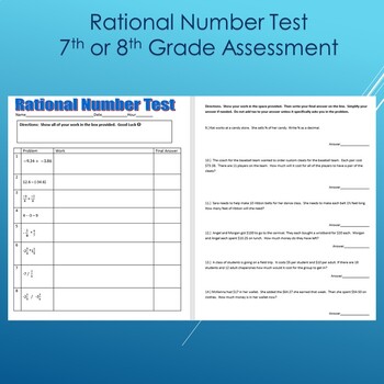 Preview of Rational Number Test--7th or 8th Grade Mathematics