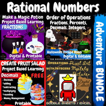 Preview of Rational Numbers Bundle Fall Halloween Math Escape Room Pixel Art Project PBL